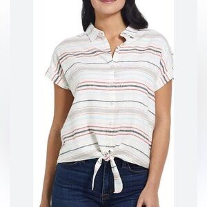 Weatherproof Striped Linen Blend Button Down Front Tie Boho Top Blouse Small